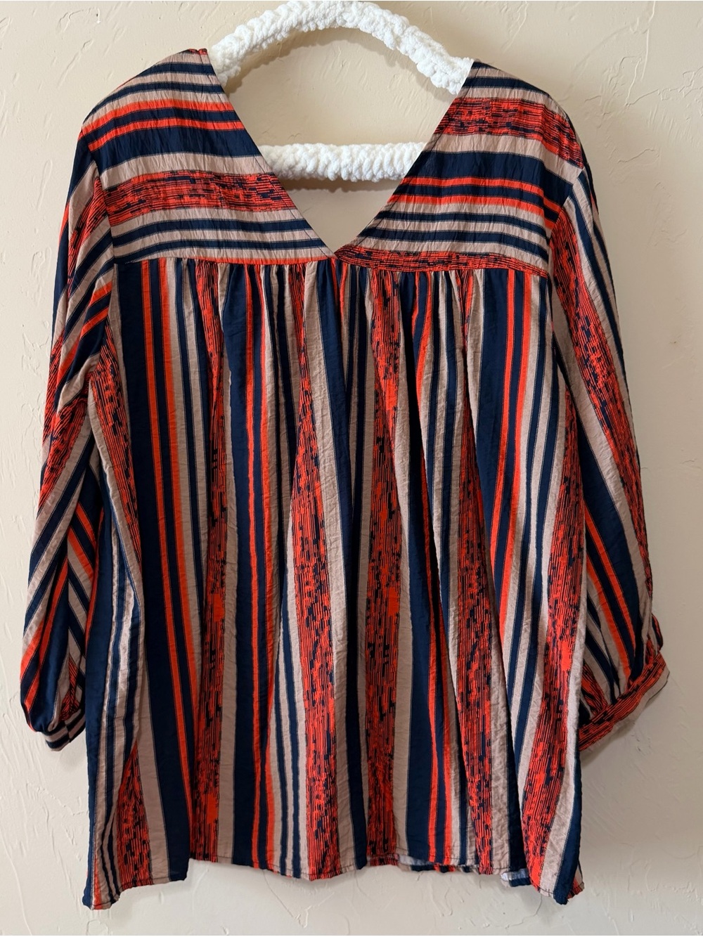 Ces Femme Navy, Orange & Cream Striped V-Neck Peasant Top